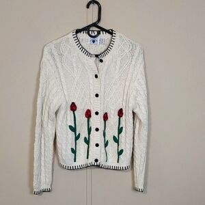 VTG Hartstrings Cardigan Women's White Cableknit Textured Floral Sweater Size M